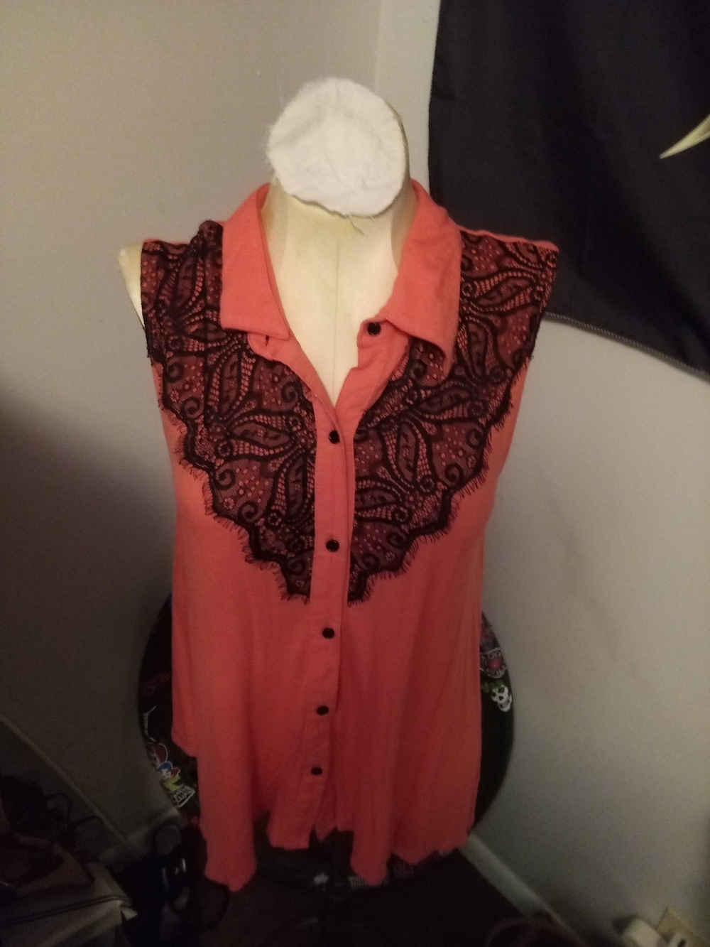new directions Coral Button-Down Sleeveless Shirt with Black Lace Yoke